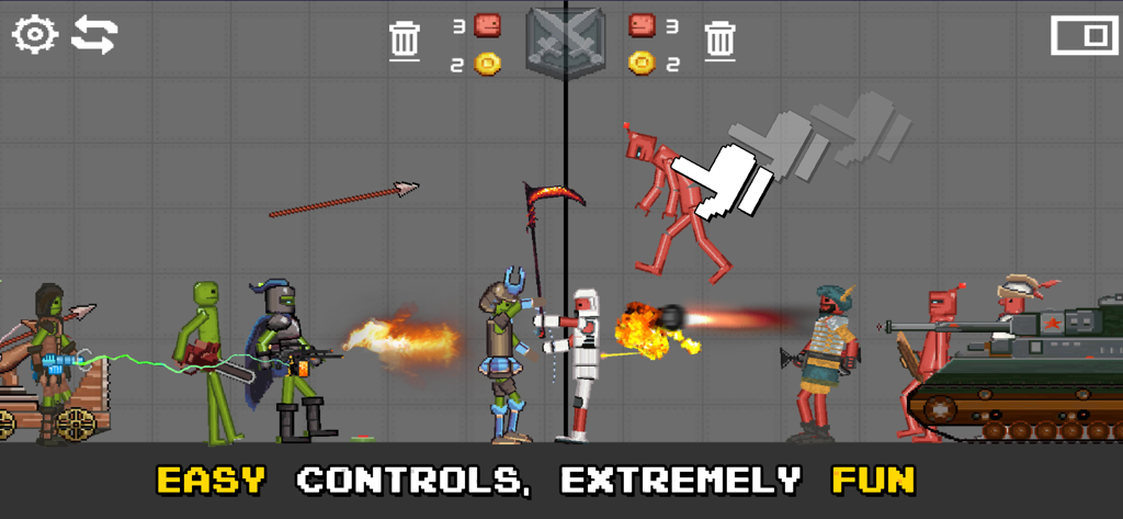 Battle Playground - Una escena de combate pixelada en Battle Playground con varias unidades ragdoll y un tanque.