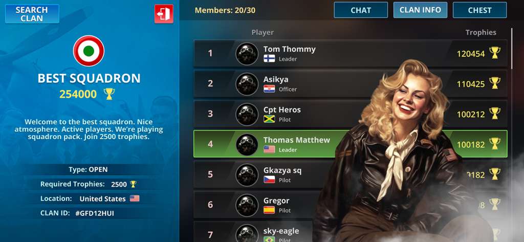 Wings of Heroes: WW2 Planes - Menú del juego Wings of Heroes mostrando una tabla de clasificación de escuadrones con clasificaciones de jugadores y una ilustración de una piloto.