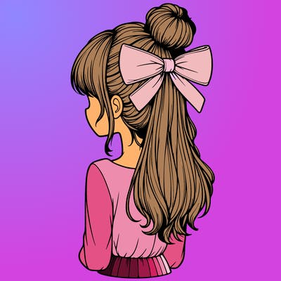 realistic girl  with hip length hair a bun and a big bow on the back of head