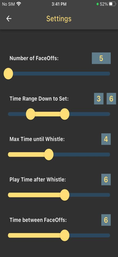 Settings screen in the FaceOffAcademy app showing sliders to customize lacrosse drill parameters like timing and repetitions