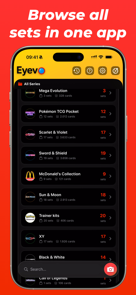 Eyevo TCG ‒ Card Scanner - Eyevo TCG app interface showing a list of various card series and sets including Scarlet and Violet and Sword and Shield.