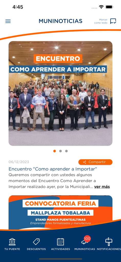 Tu Puente - Sección de noticias de la aplicación Tu Puente que muestra talleres municipales locales y eventos comunitarios