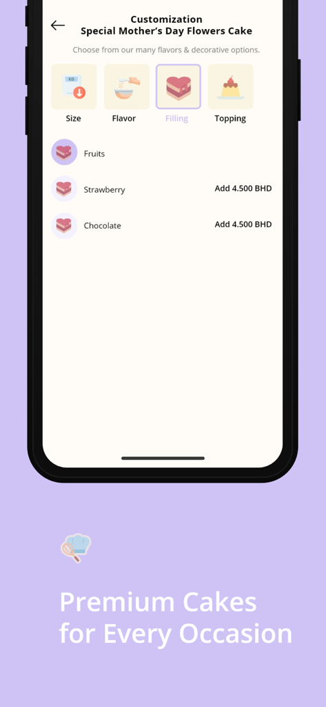 Eastern Bakery - A mobile app interface from Eastern Bakery for customizing a special Mother's Day cake with filling options like strawberry and chocolate.