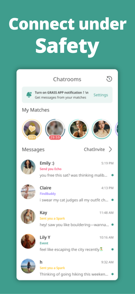 Chatrooms and messages screen in the GRASS outdoor dating app