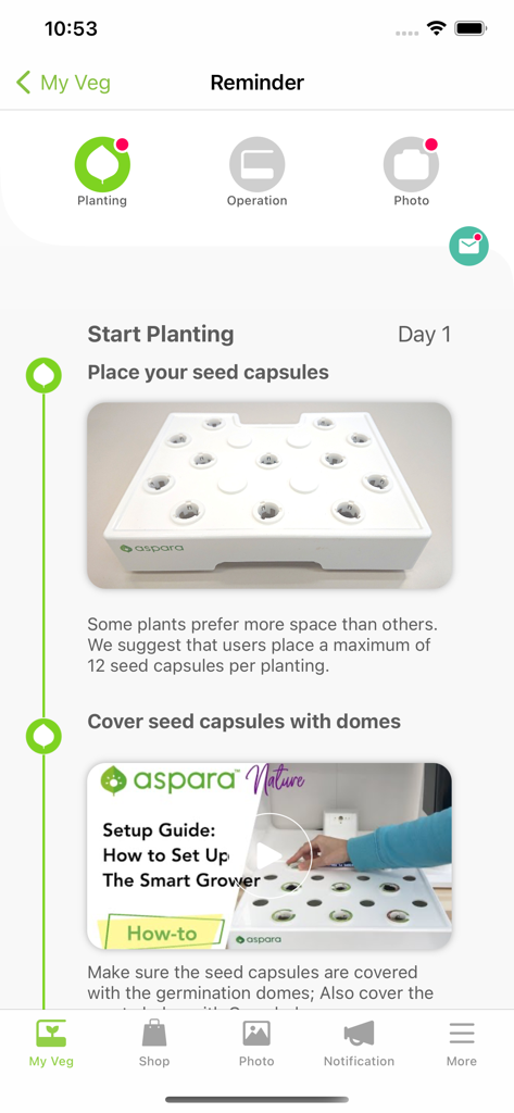 Step-by-step planting instructions in the aspara app for setting up seed capsules in the smart grower