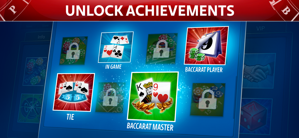 Baccarat online: Baccarist - Una pantalla de menú que muestra varios logros y medallas desbloqueables en el juego para móviles Baccarat online