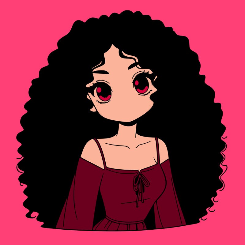 a black anime girl with long afro hair
