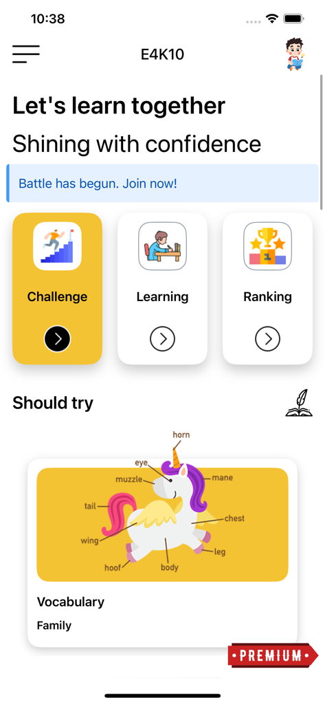 Duo ABC - Duo ABC app dashboard featuring learning modules and a vocabulary exercise.