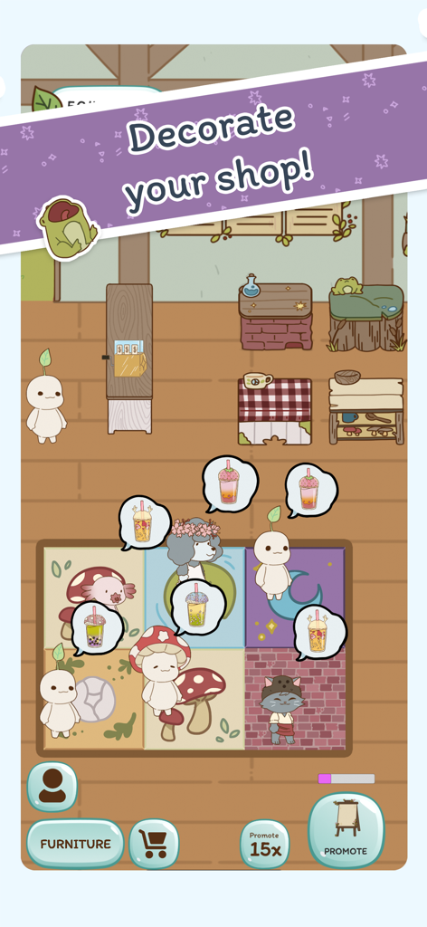 Boba Story - キノコをテーマにした家具とかわいい森の精霊キャラクターがいるボバカフェを示すボバストーリーのゲームプレイ画面