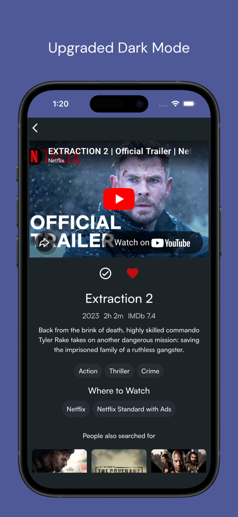 Movie details for Extraction 2 on the Friendly app in dark mode showing streaming availability and description
