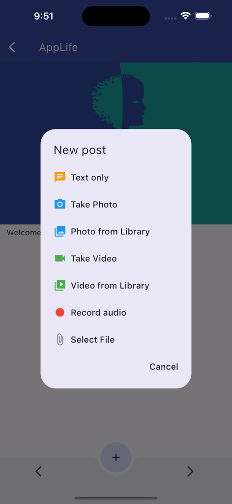 Ipsos AppLife - A new post menu in the Ipsos AppLife app displaying multimedia submission options like photo video and audio