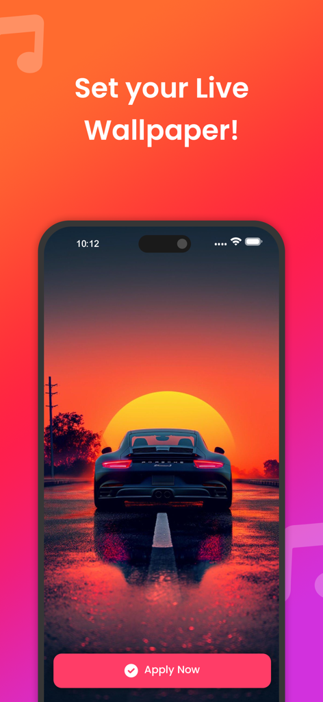 MP3 Cutter ‣ Ringtone Maker - iPhone screen displaying a live wallpaper of a sports car at sunset in the ToneCraft app.