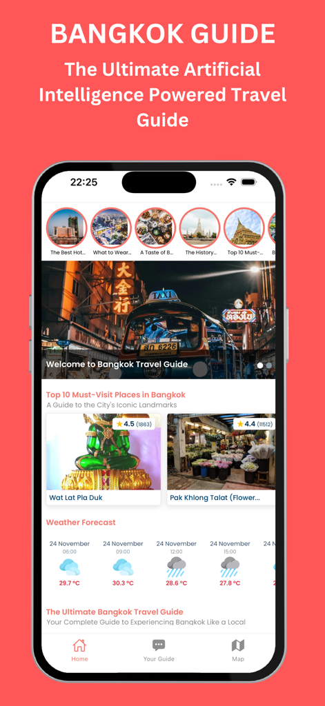 AI Travel Guide - Bangkok - Interface de l'application Guide de Voyage IA Bangkok présentant les meilleurs sites et les prévisions météorologiques