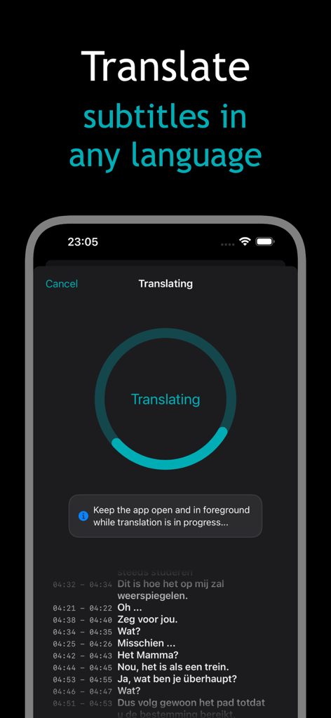 Captions Craft - Smartphone screen showing the subtitle translation process in the Captions Craft app