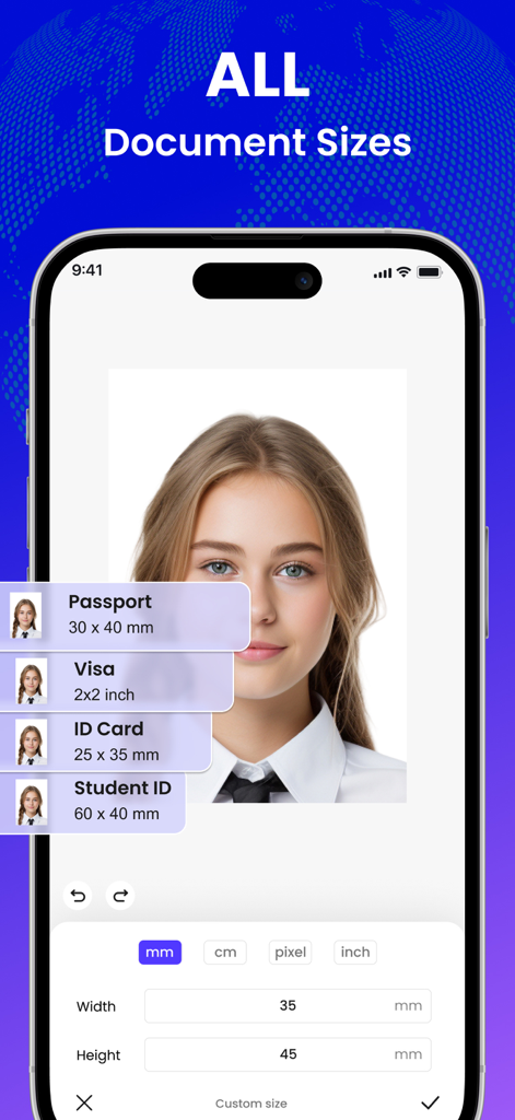 Mobile app interface showing passport visa and id card size options for a portrait photo