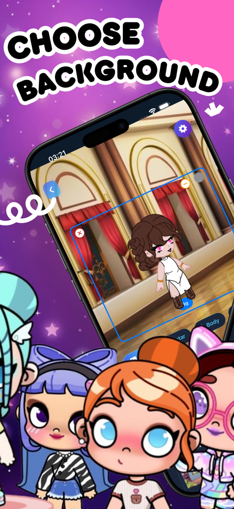 Avatar World Gacha Life Maker - A screen from Avatar World Gacha Life Maker showing a character customization with a grand hall background selection