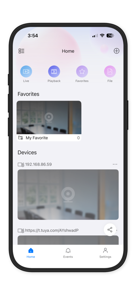 Eclipse IP Net - Dashboard of the Eclipse IP Net app showing camera previews and management icons