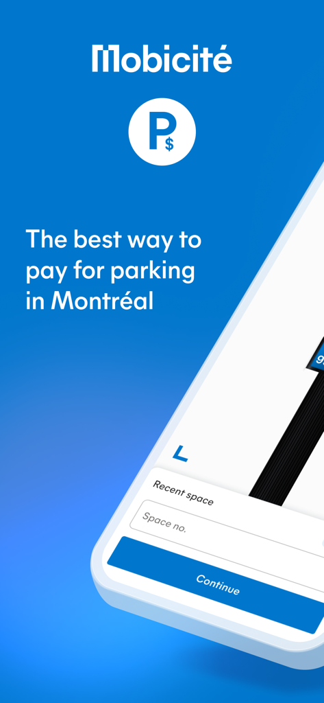 Mobicité app home screen showing parking space input for Montreal