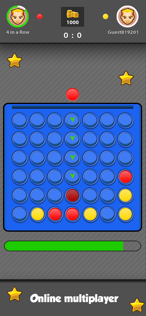 Una sesión de juego de Conecta Cuatro Online que muestra el tablero con piezas rojas y amarillas en una partida multijugador