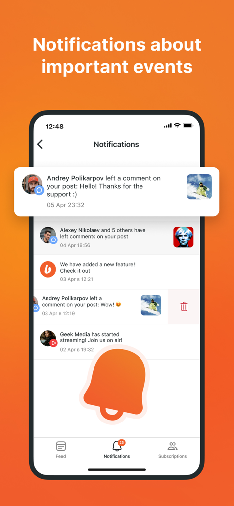 Boosty: Content just for fans - Interfaz de la aplicación Boosty mostrando la pantalla de notificaciones con comentarios de fans y actualizaciones de creadores.