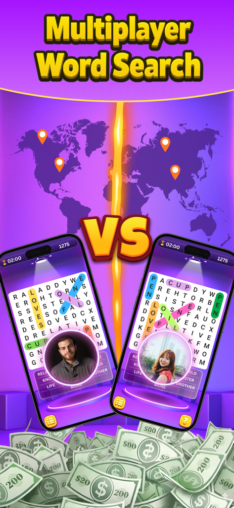 A competitive multiplayer word search match for real cash prizes