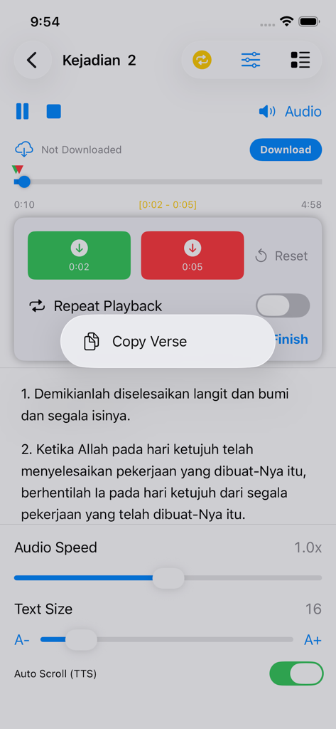 Malay Audio Bible player screen with audio speed and text size settings