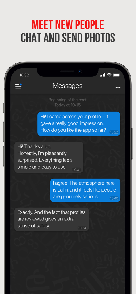 Barev — Armenian Dating - Screenshot of the Barev Armenian dating app showing a chat conversation between two users about the app quality