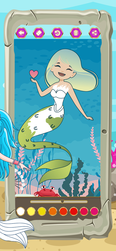 Magic Mermaid Coloring Books - A coloring screen from the Magic Mermaid app featuring a mermaid character and color selection tools