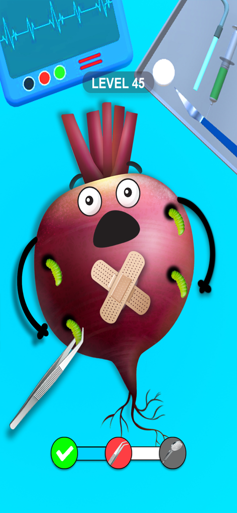 Fruit Surgeon Doctor Hospital - A virtual surgery scene where tweezers are used to remove worms from a beetroot character in Fruit Surgeon Doctor Hospital.