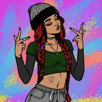 realistic teenage girl with braids and a beanie and crop top doing 🫶🏼