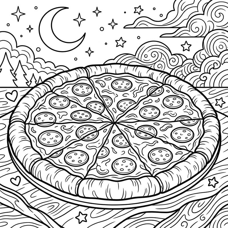 Imagine a cozy night under a sky full of stars, made even better with a scrumptious pepperoni pizza ready for your artistic touch. This delightful coloring page combines everyone's favorite savory treat with a tranquil nocturnal landscape.