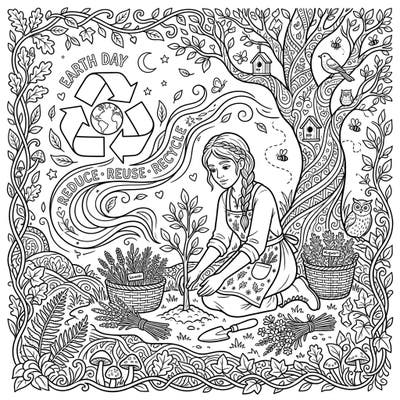 Immerse yourself in the magic of nature with this captivating hedge witch coloring page dedicated to Earth Day. Explore themes of environmental protection, recycling, and the serene art of nurturing our planet.