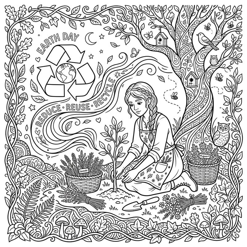 Immerse yourself in the magic of nature with this captivating hedge witch coloring page dedicated to Earth Day. Explore themes of environmental protection, recycling, and the serene art of nurturing our planet.
