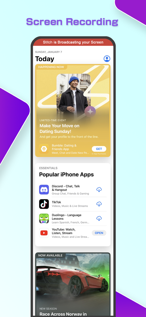 Stitch - ScreenShots & Photos - Stitch app screen recording interface capturing a long scroll of apps on an iPhone
