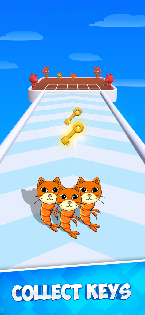 Brainbot Merge Battle - Brainbot Merge Battleで、黄金の鍵を集めるためにトラックを走る、風変わりなエビ猫キャラクター