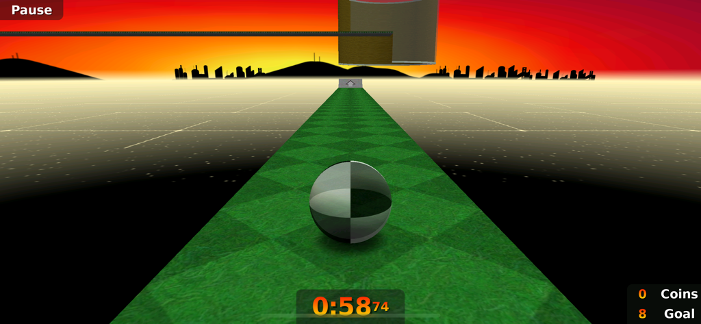 Neverball - A 3D marble rolling on a green checkered path towards a city skyline at sunset in Neverball