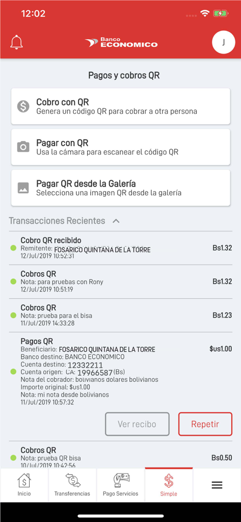 Banco Económico - Interface do aplicativo Banco Economico mostrando opções para pagamentos e recebimentos via código QR com uma lista de transações recentes