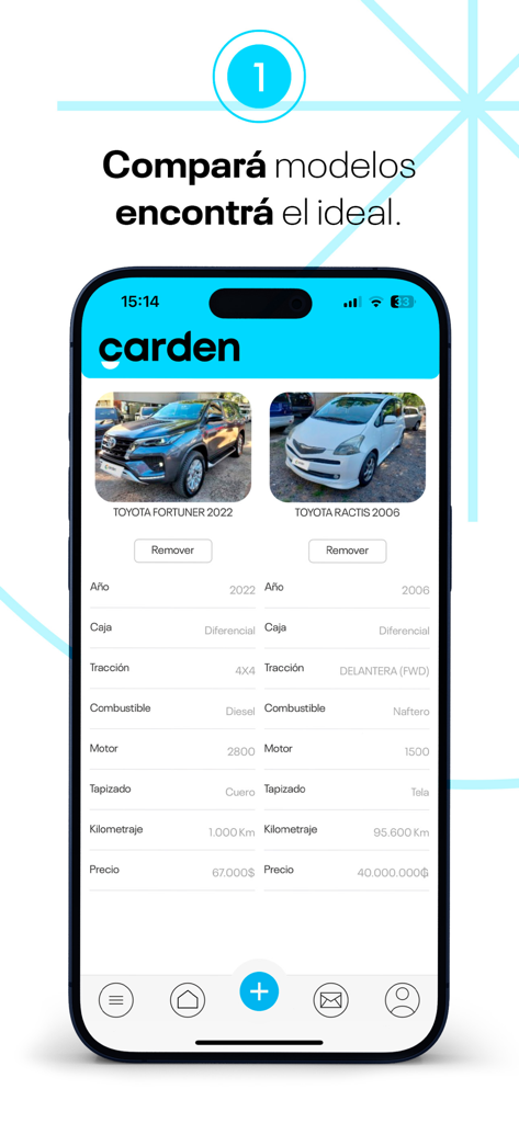 Carden - Nebeneinanderliegende Fahrzeugvergleichsanzeige in der Carden-App mit technischen Spezifikationen und Preisen