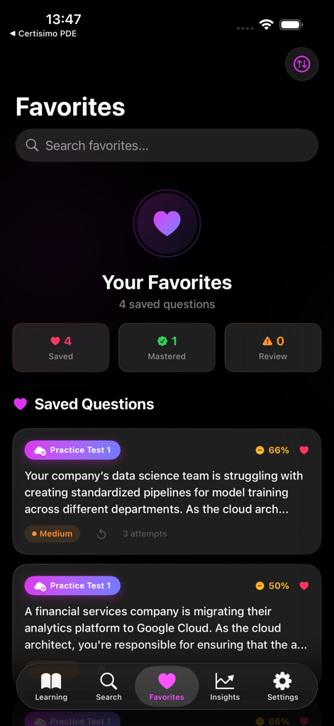 Certisimo PCA - Favorites screen of the Certisimo PCA app showing saved exam questions in dark mode interface