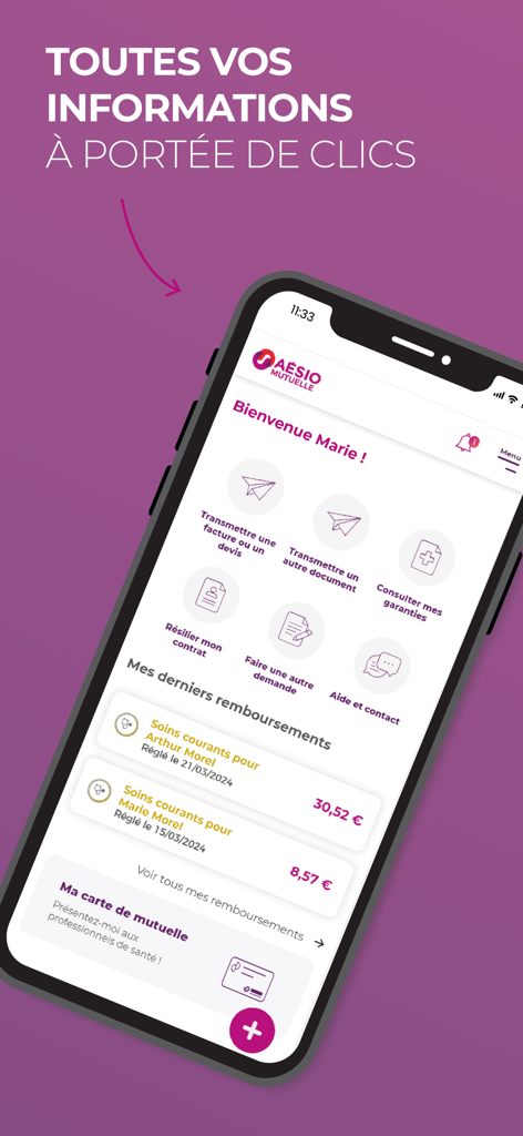 AÉSIO mutuelle - Dashboard of the AESIO mutuelle app showing recent health reimbursements and account management features on a smartphone screen.
