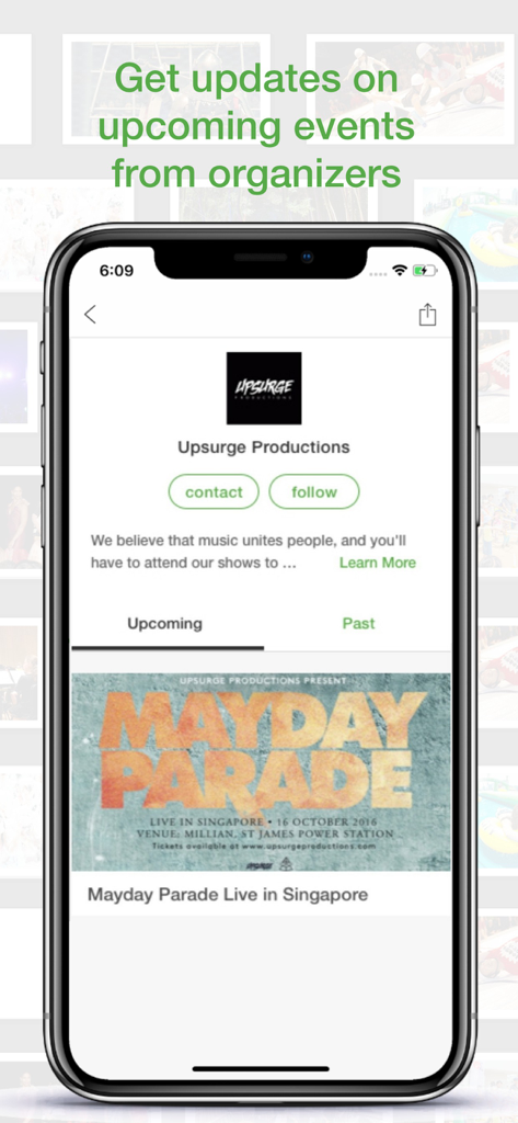 Schermata dello smartphone che mostra il profilo dell'organizzatore di Peatix per Upsurge Productions con un pulsante di follow e un elenco di eventi imminenti.