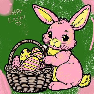 easter bunny with a basket with eggs realistic
