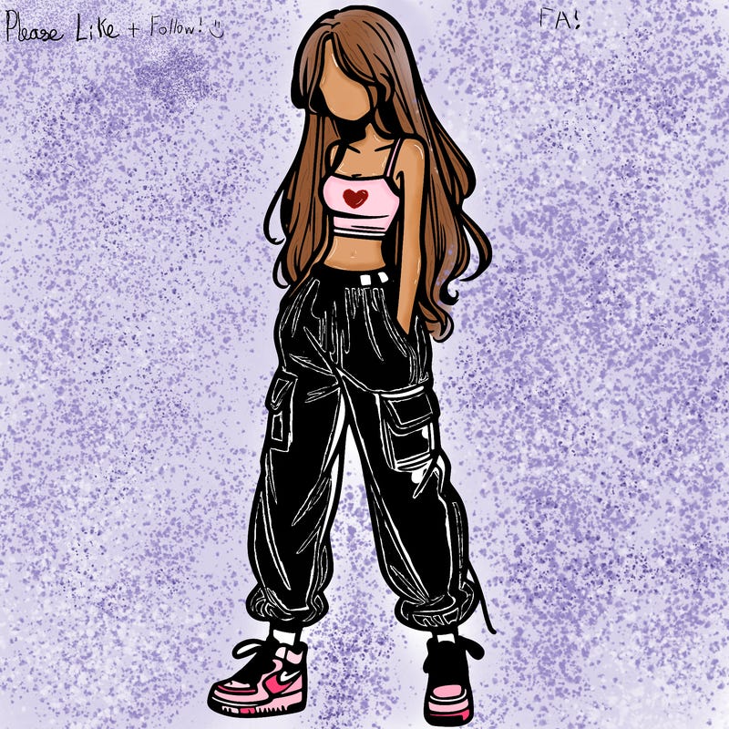 girl in baggy pants crop top and long hair