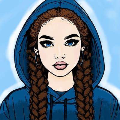realistic girl with braids and a hoodie with the hood covering her head