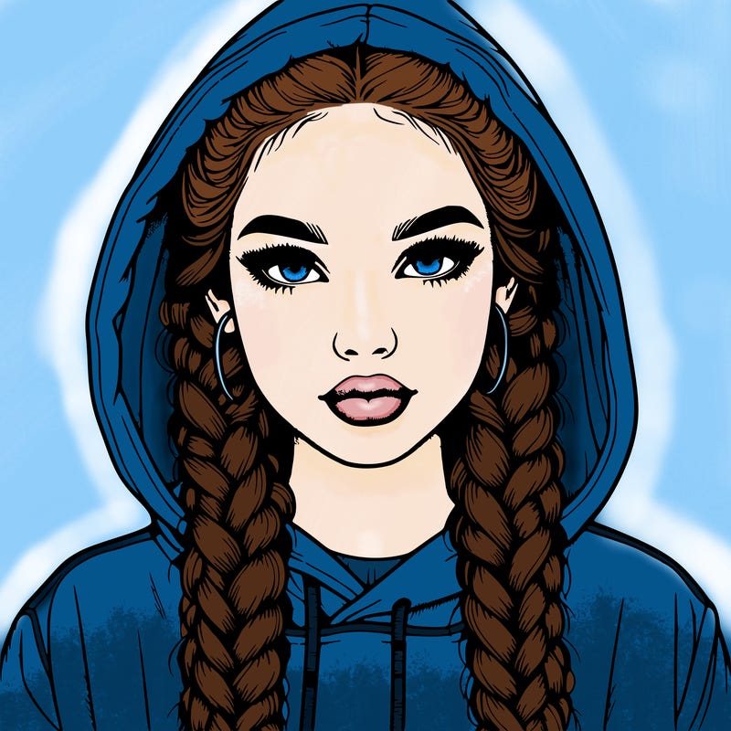realistic girl with braids and a hoodie with the hood covering her head