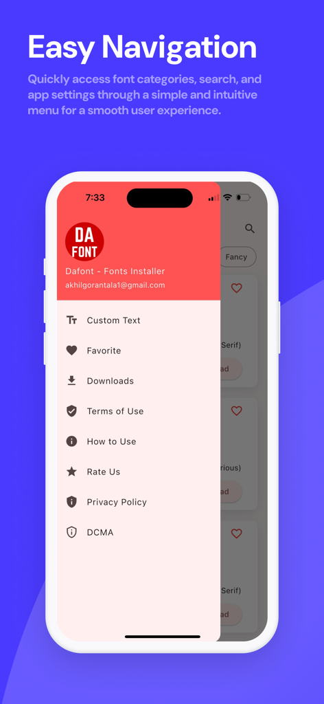 DaFonts - Fonts Downloader - Menu de navegação lateral do aplicativo DaFonts em um iPhone, mostrando opções como favoritos de texto personalizado e downloads
