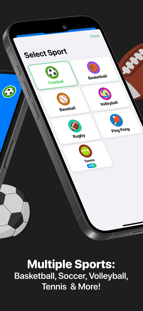 iPhone screen displaying the sport selection menu in the Score Keeper app featuring icons for football basketball and baseball