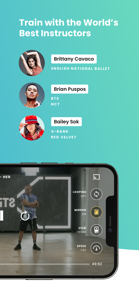 Interfaz de la aplicación STEEZY que muestra instructores de baile de clase mundial y herramientas de estudio digital que incluyen controles de repetición y espejo.