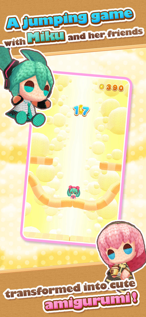 Hatsune Miku Amiguru Jump - Hatsune Miku and Megurine Luka characters in a knitted amigurumi style from a mobile jumping game.