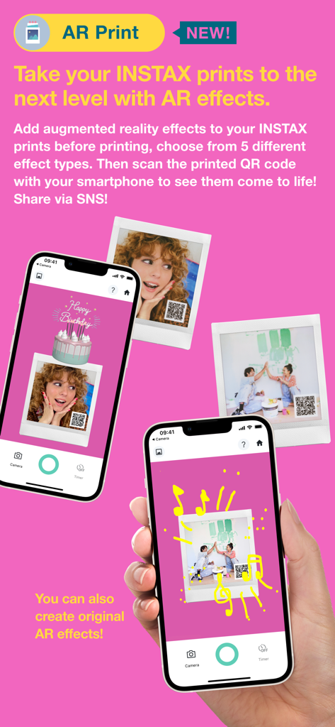 Präsentation der AR-Druckfunktion in der INSTAX SQUARE Link App, mit der Benutzer Augmented-Reality-Effekte zu Fotos hinzufügen können